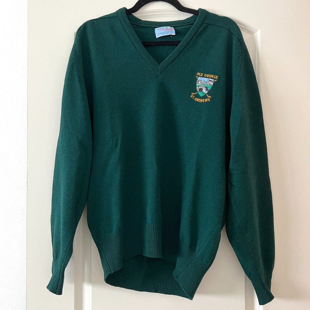 VTG Old Course St. Andrews Green Golf Sweater Vintage V Neck Wool Pullover by To